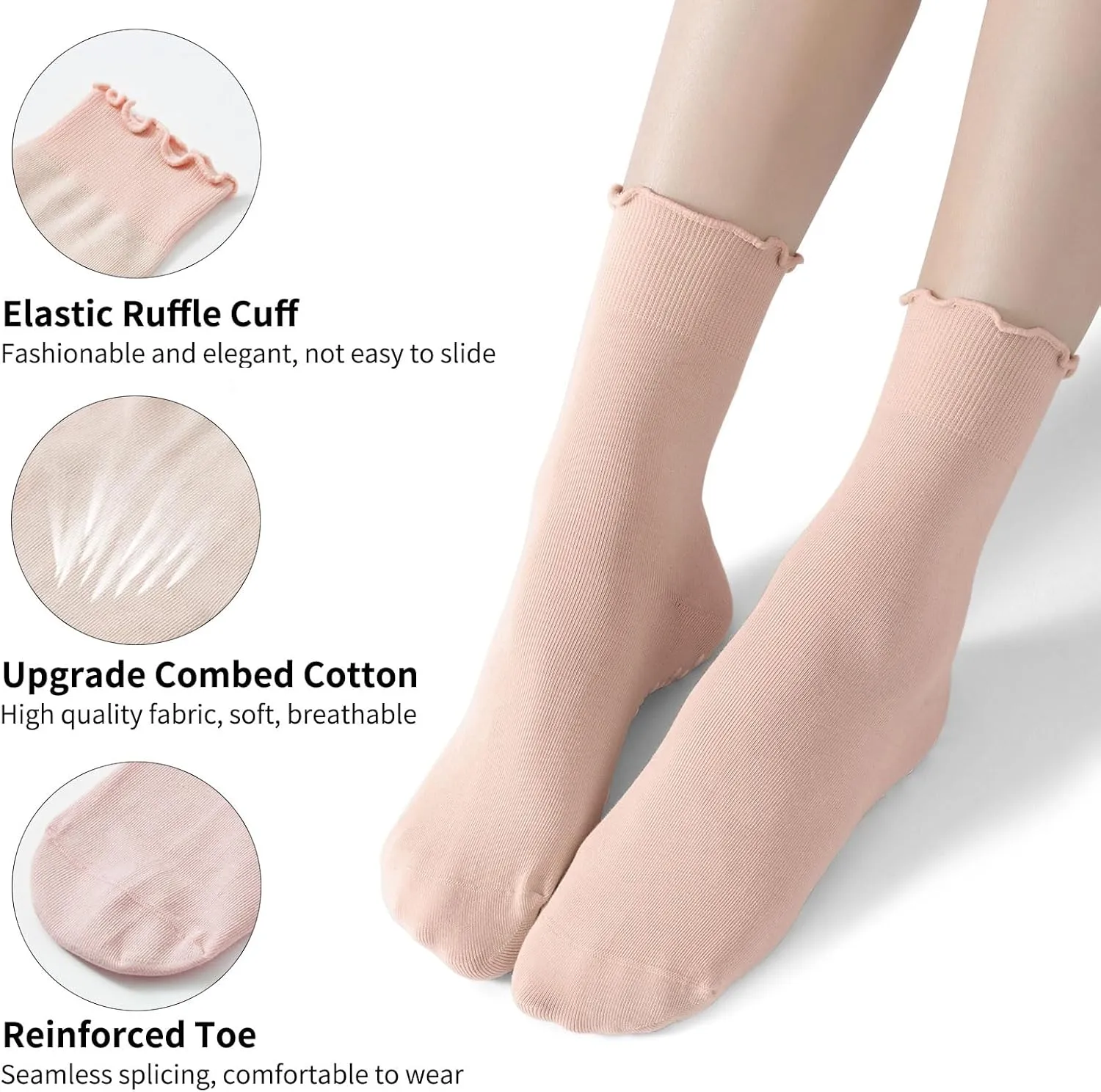 3 Pairs Pilates Socks for Women, Non-slip Grips Yoga Socks Ruffle Cuff for Ballet Barefoot Workout Socks
