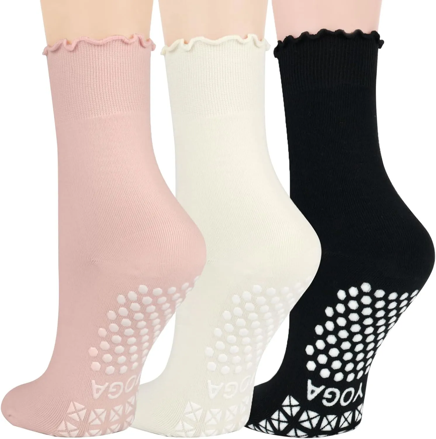 3 Pairs Pilates Socks for Women, Non-slip Grips Yoga Socks Ruffle Cuff for Ballet Barefoot Workout Socks