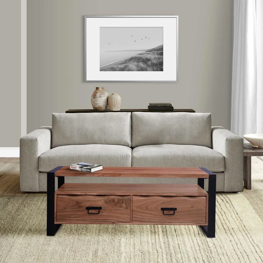 47 Inch Handcrafted Coffee Table with Live Edge Detailing, 2 Drawers, Open Center Compartment, Black Iron Frame, Brown Acacia Wood By The Urban Port