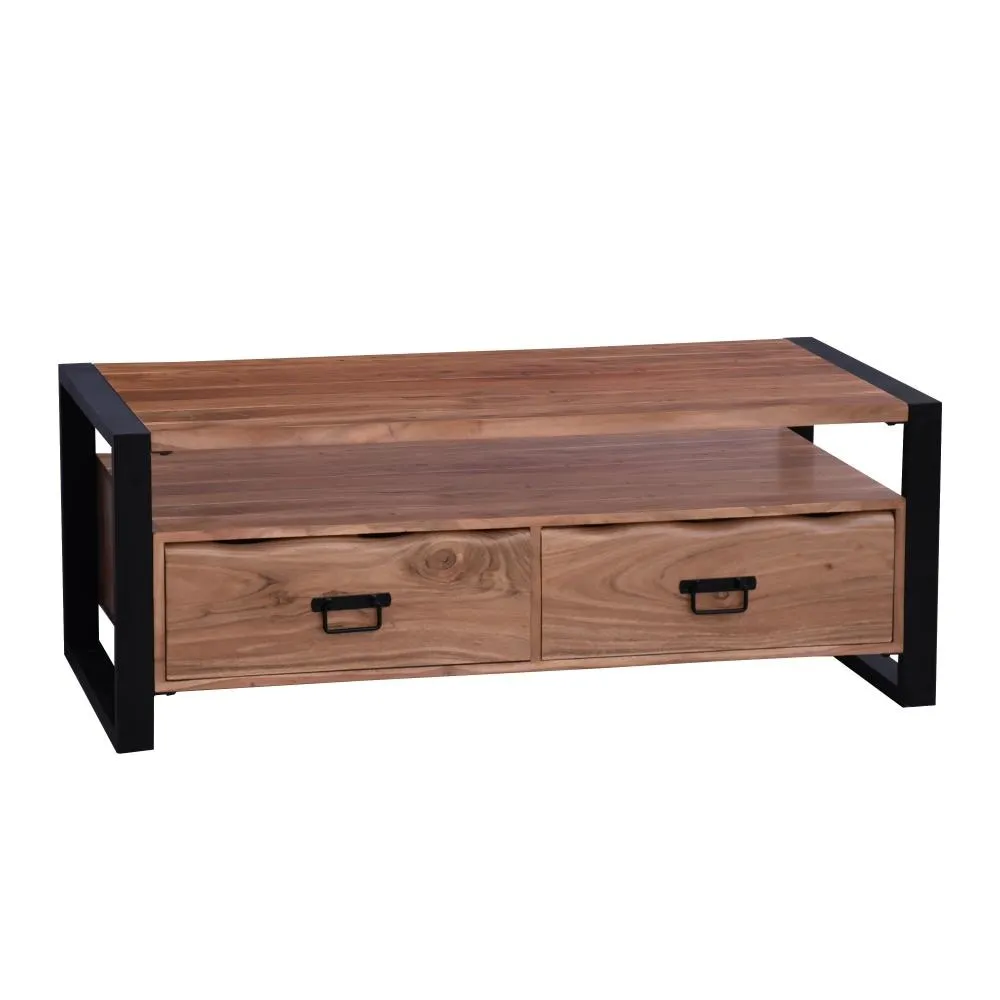 47 Inch Handcrafted Coffee Table with Live Edge Detailing, 2 Drawers, Open Center Compartment, Black Iron Frame, Brown Acacia Wood By The Urban Port