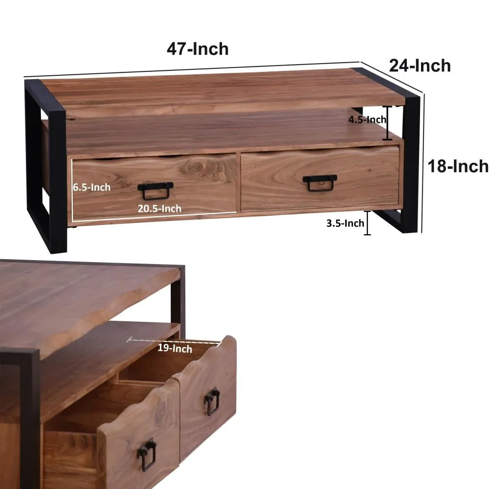 47 Inch Handcrafted Coffee Table with Live Edge Detailing, 2 Drawers, Open Center Compartment, Black Iron Frame, Brown Acacia Wood By The Urban Port