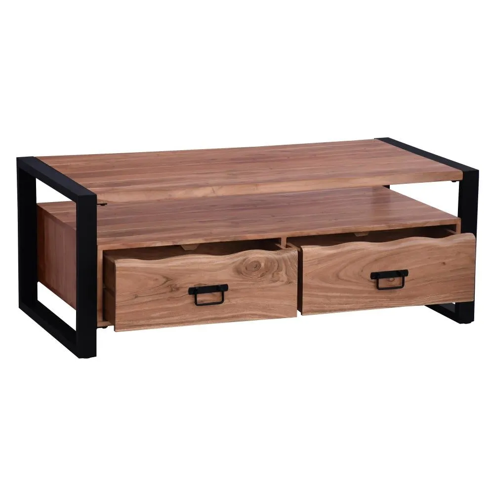 47 Inch Handcrafted Coffee Table with Live Edge Detailing, 2 Drawers, Open Center Compartment, Black Iron Frame, Brown Acacia Wood By The Urban Port