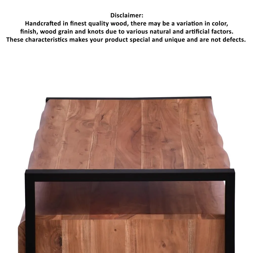 47 Inch Handcrafted Coffee Table with Live Edge Detailing, 2 Drawers, Open Center Compartment, Black Iron Frame, Brown Acacia Wood By The Urban Port