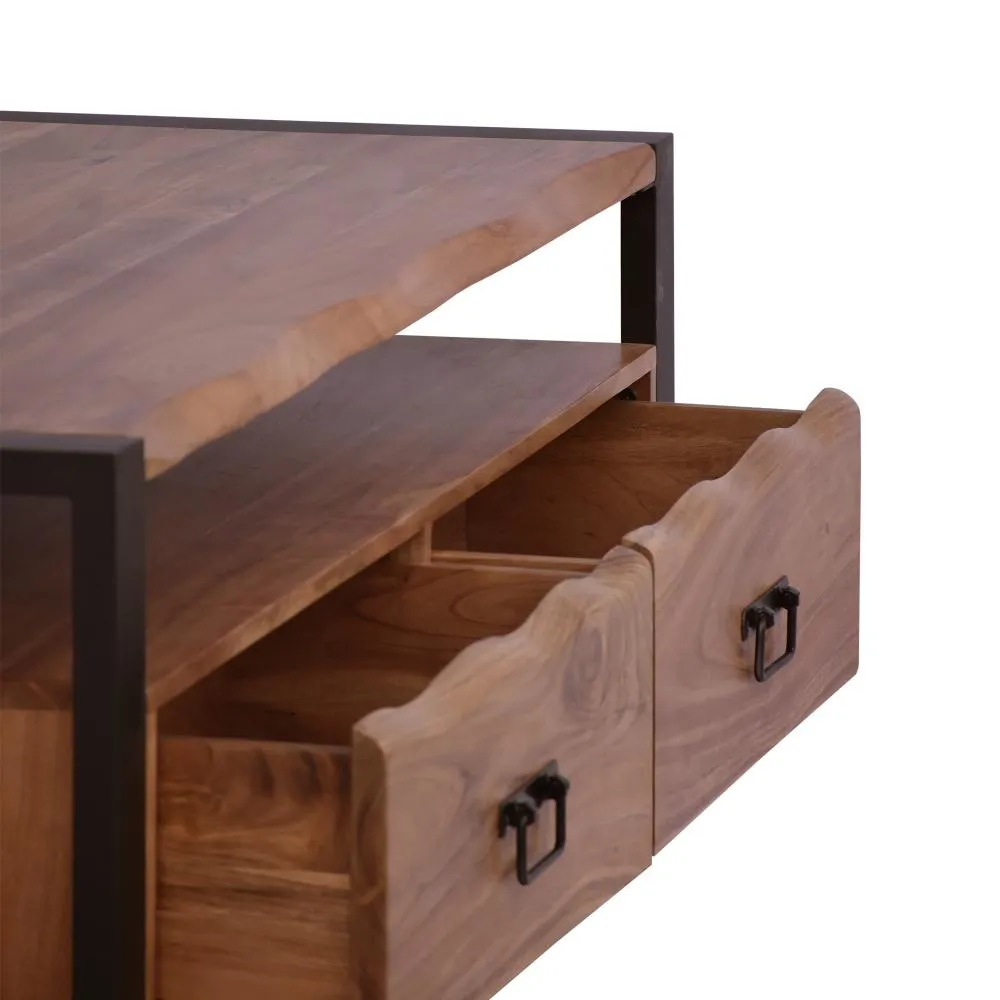 47 Inch Handcrafted Coffee Table with Live Edge Detailing, 2 Drawers, Open Center Compartment, Black Iron Frame, Brown Acacia Wood By The Urban Port