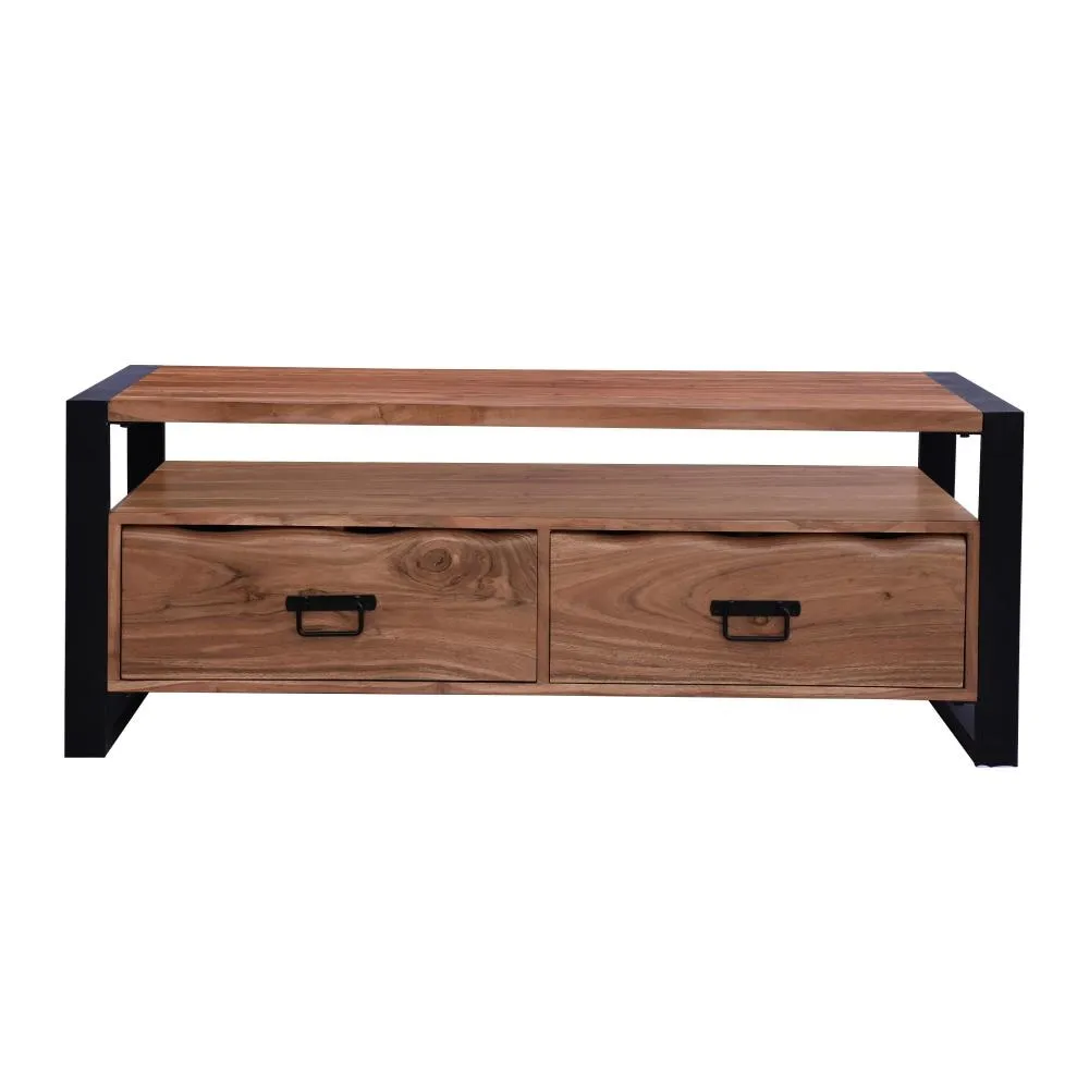 47 Inch Handcrafted Coffee Table with Live Edge Detailing, 2 Drawers, Open Center Compartment, Black Iron Frame, Brown Acacia Wood By The Urban Port