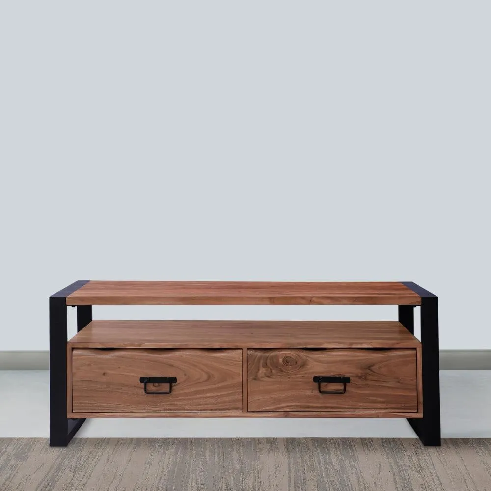 47 Inch Handcrafted Coffee Table with Live Edge Detailing, 2 Drawers, Open Center Compartment, Black Iron Frame, Brown Acacia Wood By The Urban Port