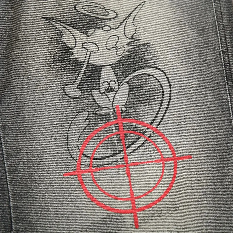 'Aim' Retro Wash Gray Denim Jeans with Custom Patching