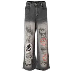 'Aim' Retro Wash Gray Denim Jeans with Custom Patching