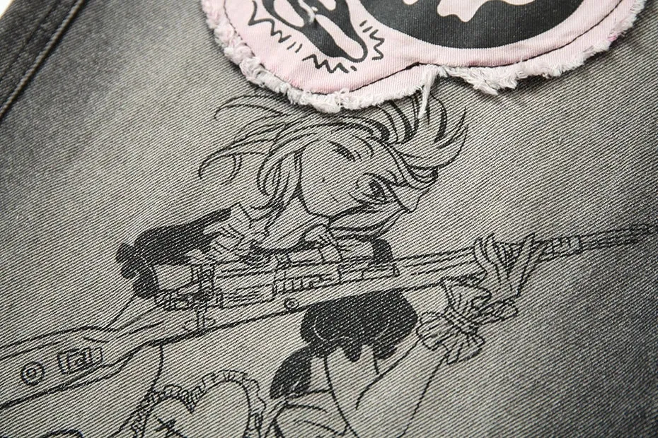 'Aim' Retro Wash Gray Denim Jeans with Custom Patching