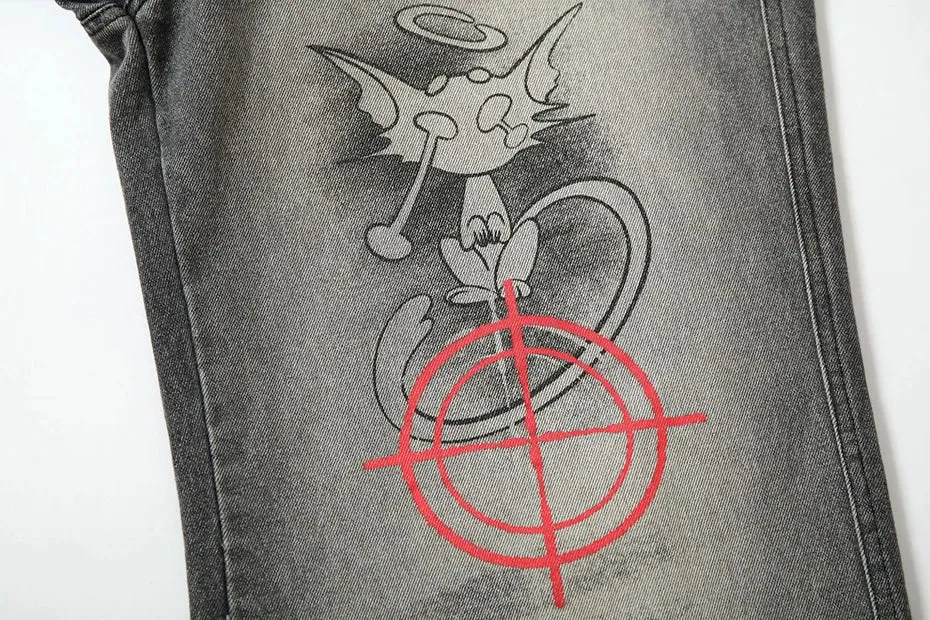 'Aim' Retro Wash Gray Denim Jeans with Custom Patching