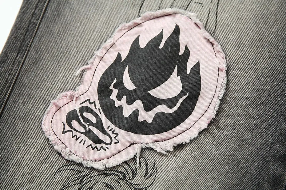 'Aim' Retro Wash Gray Denim Jeans with Custom Patching