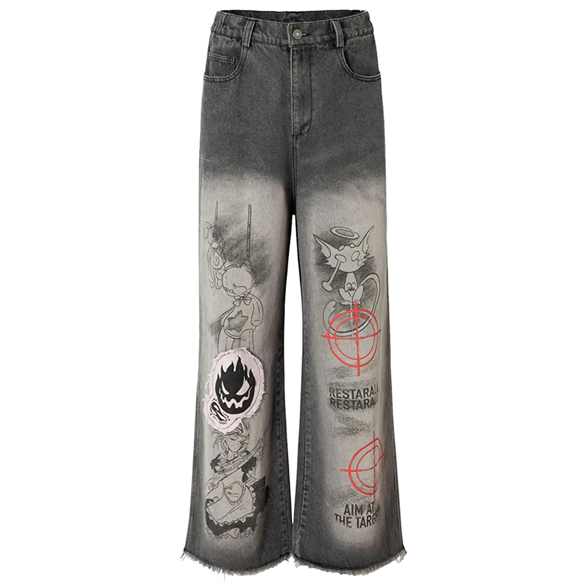 'Aim' Retro Wash Gray Denim Jeans with Custom Patching