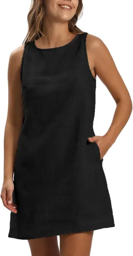 Amazhiyu Women's 100% Linen Summer Casual Sleeveless Crewneck Tank Mini Dresses
