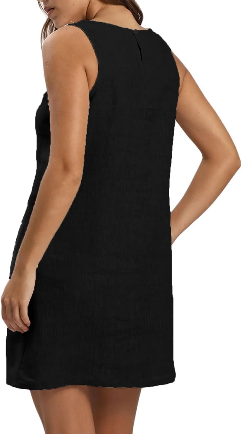 Amazhiyu Women's 100% Linen Summer Casual Sleeveless Crewneck Tank Mini Dresses