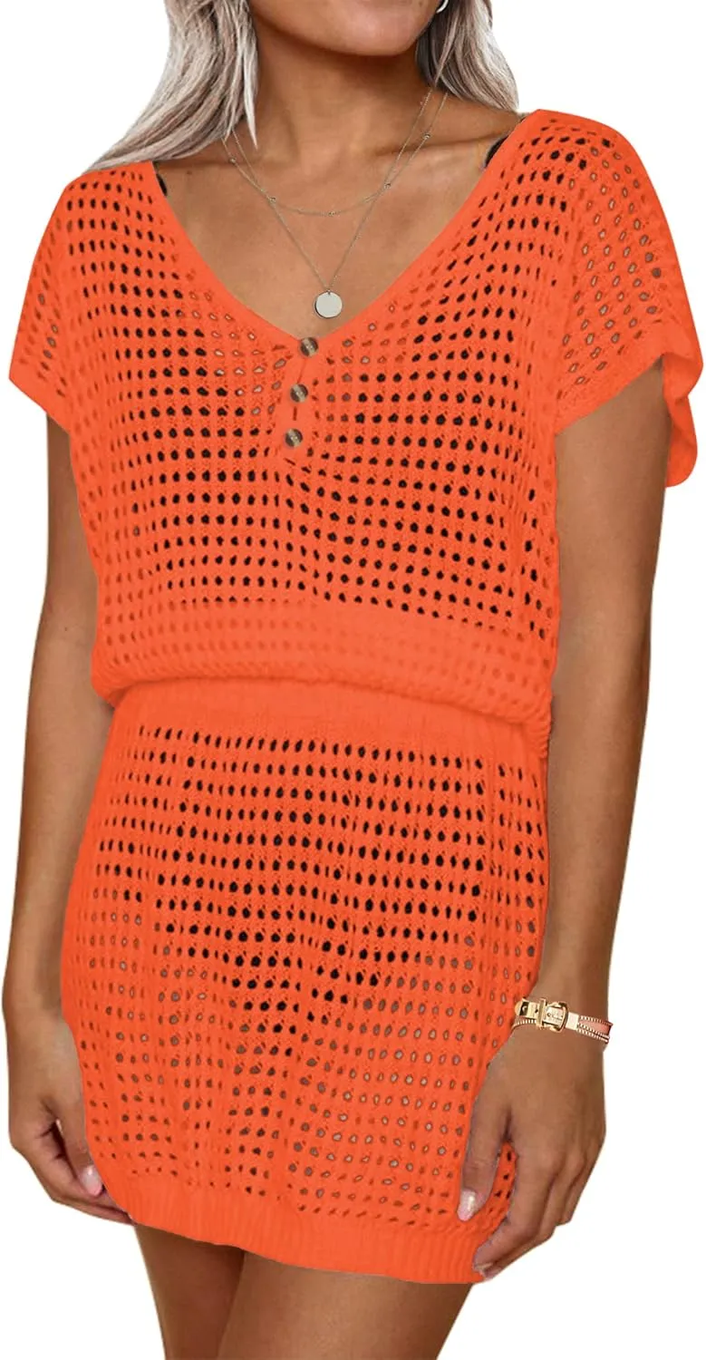 AOLRO Women's Swim Coverups Crochet Hollow Out Short Sleeve V Neck Beach Swimsuit Bathing Suit Cover Up Dresses S-XXL