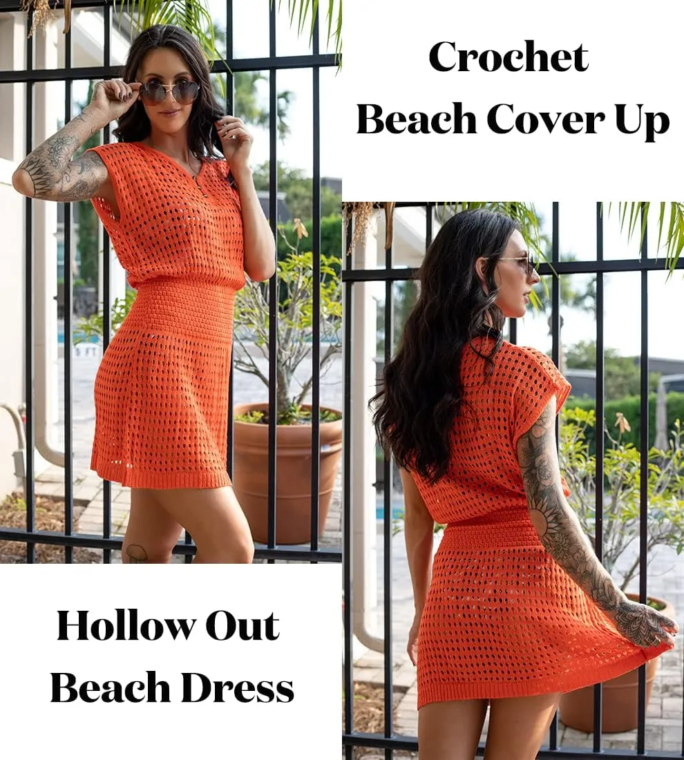 AOLRO Women's Swim Coverups Crochet Hollow Out Short Sleeve V Neck Beach Swimsuit Bathing Suit Cover Up Dresses S-XXL