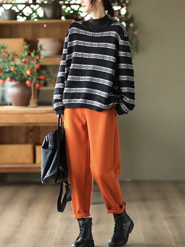 Artistic Retro Loose Long Sleeves Jacquard Round-Neck Sweater Tops