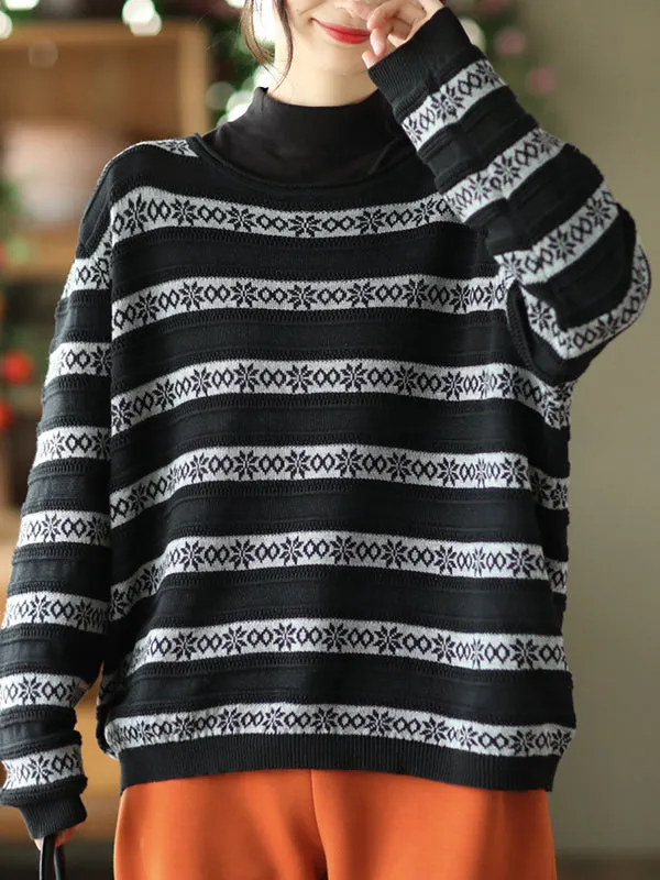 Artistic Retro Loose Long Sleeves Jacquard Round-Neck Sweater Tops