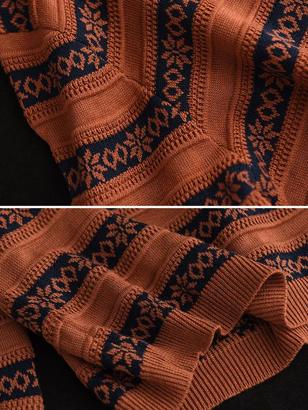 Artistic Retro Loose Long Sleeves Jacquard Round-Neck Sweater Tops