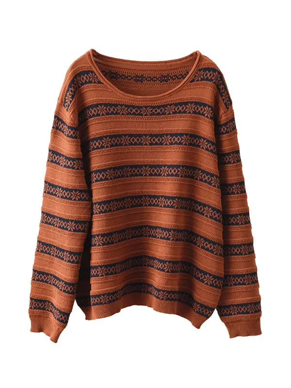 Artistic Retro Loose Long Sleeves Jacquard Round-Neck Sweater Tops