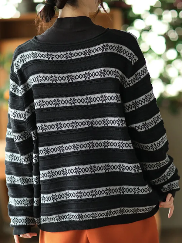 Artistic Retro Loose Long Sleeves Jacquard Round-Neck Sweater Tops