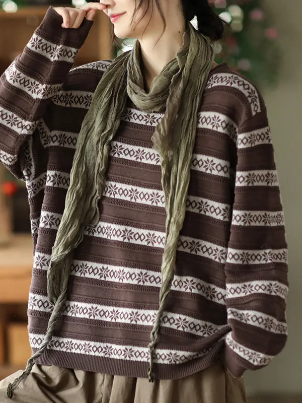 Artistic Retro Loose Long Sleeves Jacquard Round-Neck Sweater Tops