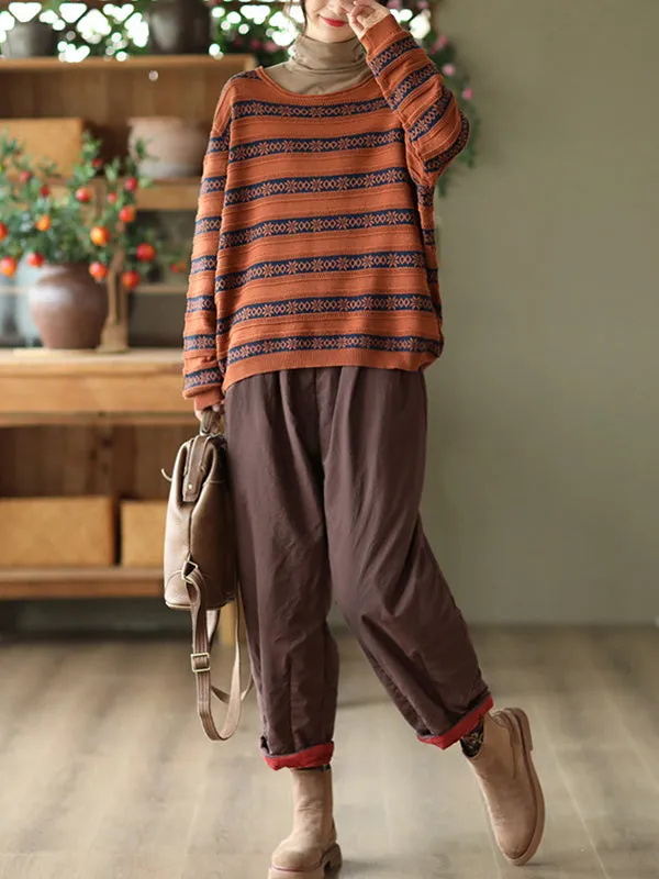 Artistic Retro Loose Long Sleeves Jacquard Round-Neck Sweater Tops