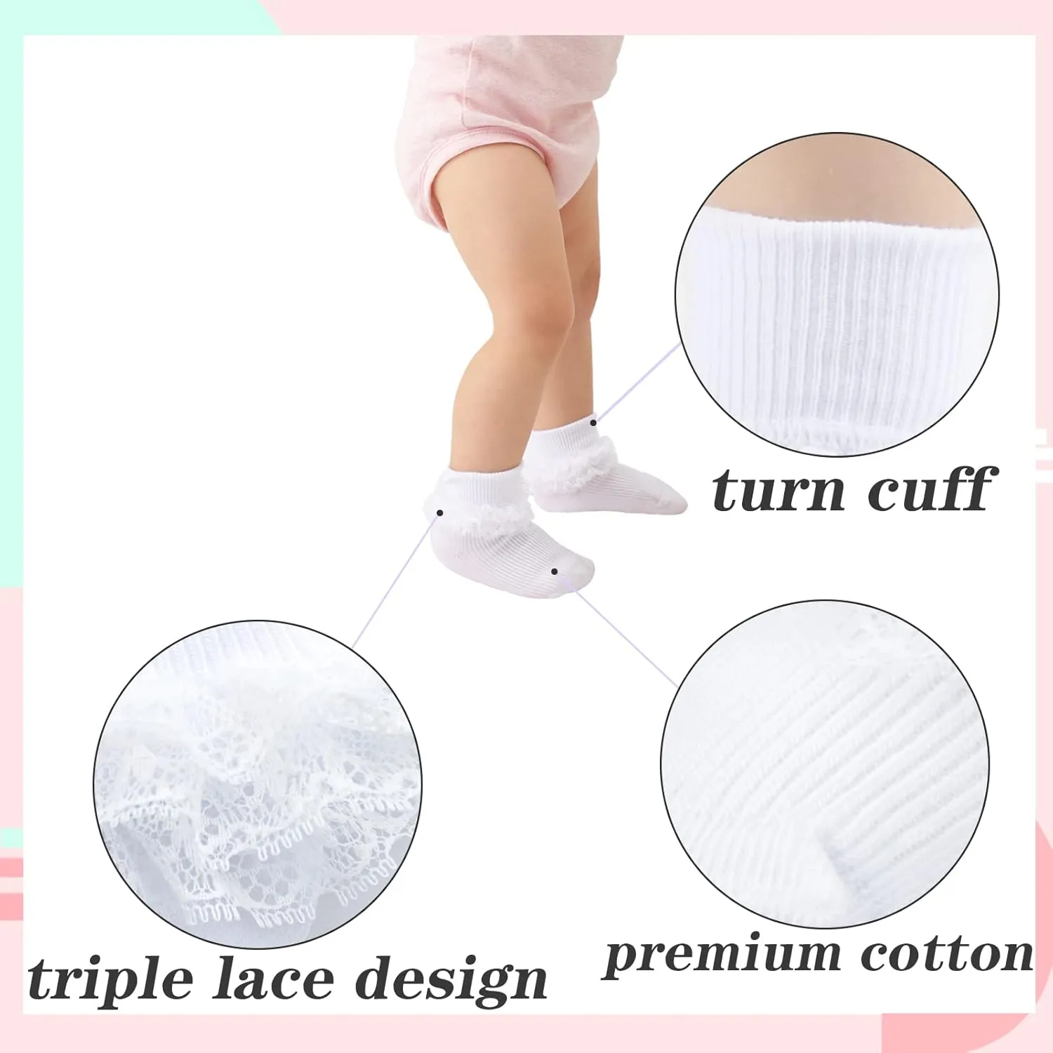 Baby Girl Socks Eyelet Triple Lace Ruffle Socks Turn Cuff Socks 2/3/5 Pairs Ankle Dress Sock for Newborn Infant Toddler