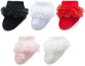 Baby Girl Socks Eyelet Triple Lace Ruffle Socks Turn Cuff Socks 2/3/5 Pairs Ankle Dress Sock for Newborn Infant Toddler