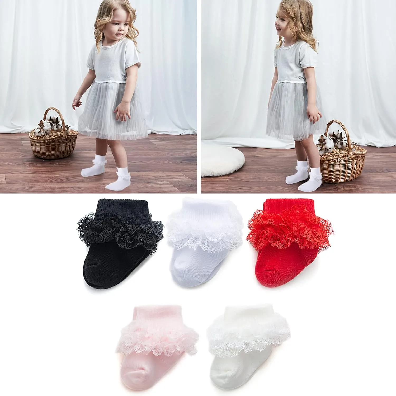 Baby Girl Socks Eyelet Triple Lace Ruffle Socks Turn Cuff Socks 2/3/5 Pairs Ankle Dress Sock for Newborn Infant Toddler