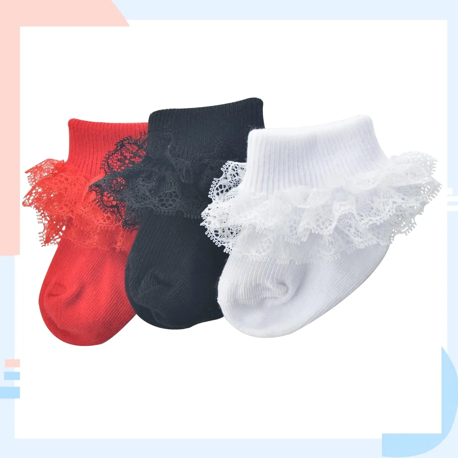 Baby Girl Socks Eyelet Triple Lace Ruffle Socks Turn Cuff Socks 2/3/5 Pairs Ankle Dress Sock for Newborn Infant Toddler