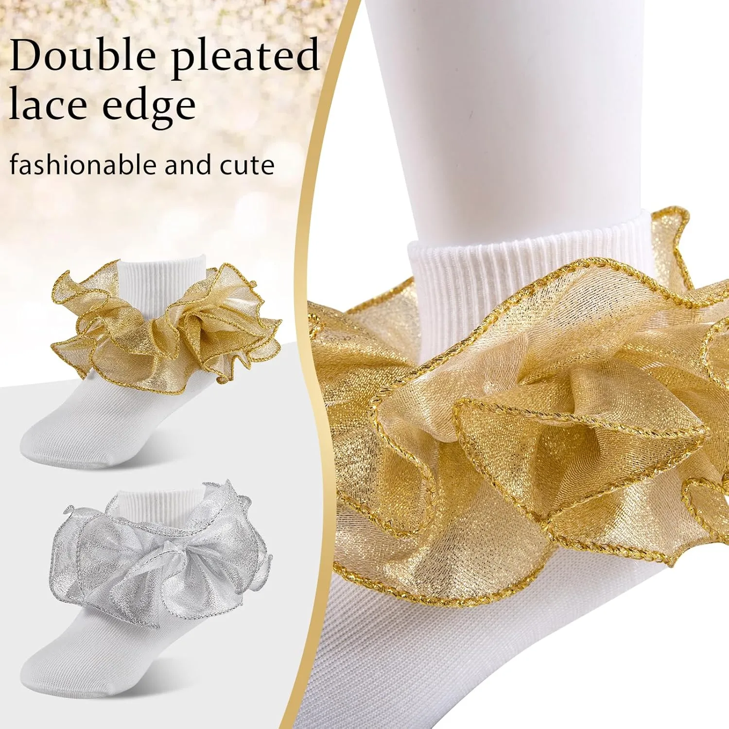 Big Ruffle Socks For Girls,Little Girl Lace Frilly Dress Socks Kids Turn Cuff Socks,White & Glod Frilly Princess