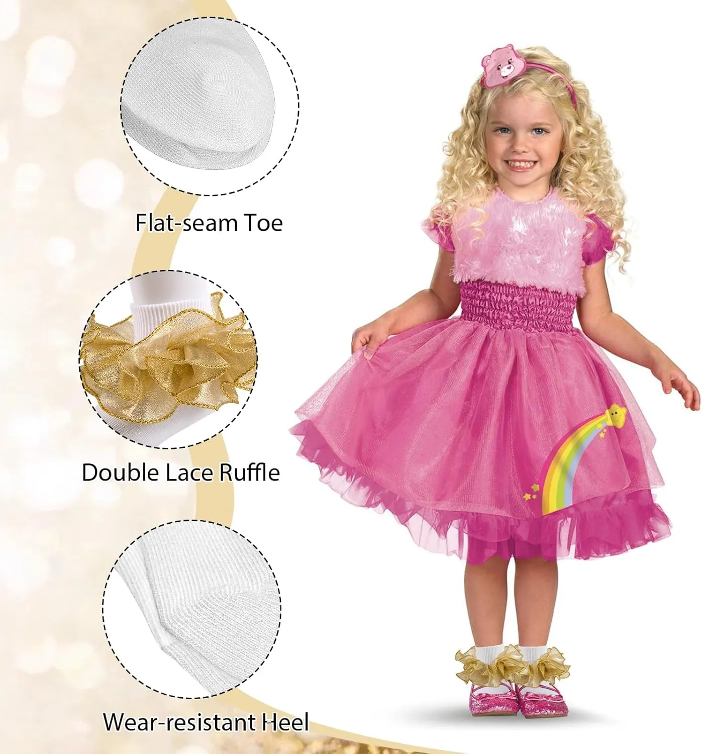 Big Ruffle Socks For Girls,Little Girl Lace Frilly Dress Socks Kids Turn Cuff Socks,White & Glod Frilly Princess