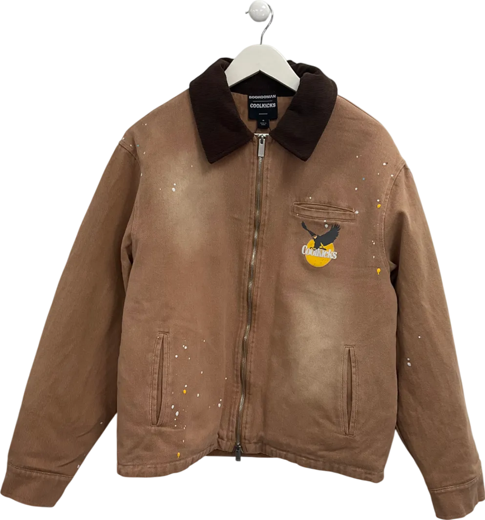boohooMan Brown Coolkicks Graphic Twill Worker Jacket UK M