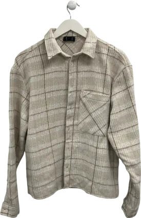 boohooMan Cream Long Sleeve Brushed Flannel Check Shirt UK M