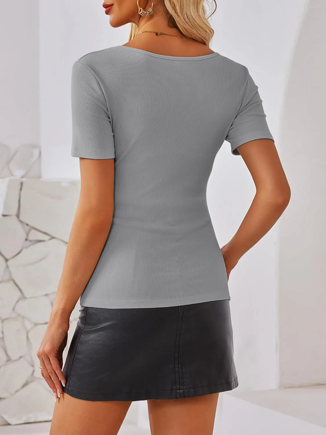Chulianyouhuo Women's Ribbed Knit Button Shirt Summer Short Sleeve Henley Tops Slim Fit Casual Basic T Shirt Tees