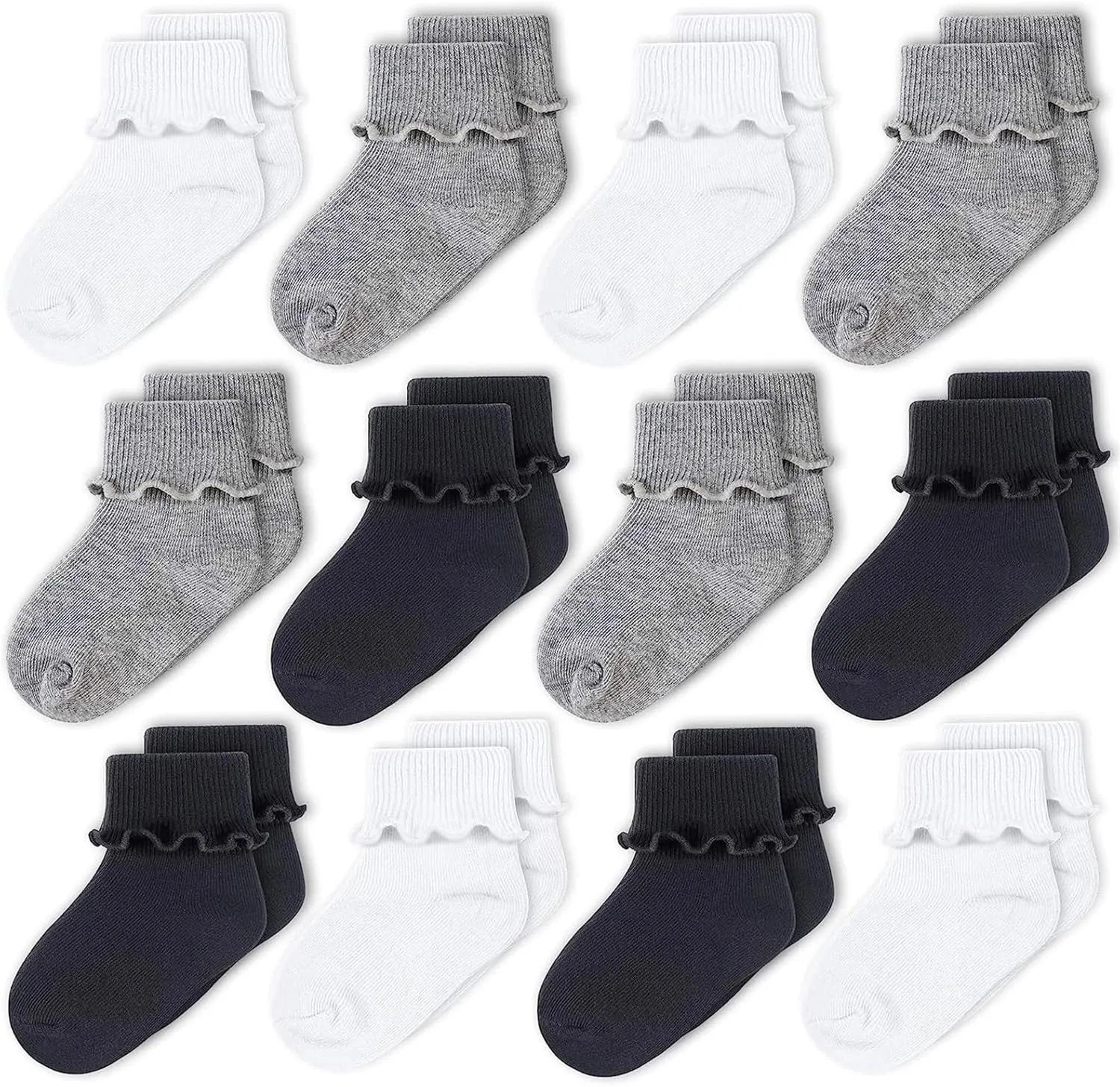 CozyWay Baby Ruffle Socks Baby Girl Turn Cuff Ankle Comfy Cotton Socks Infant - Multi Color - 12 Pack