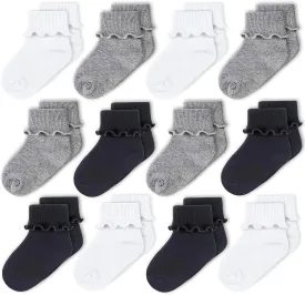 CozyWay Baby Ruffle Socks Baby Girl Turn Cuff Ankle Comfy Cotton Socks Infant - Multi Color - 12 Pack