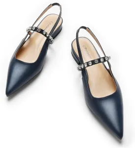 C.Paravano Women's Slingback Flats Crystal Strap Pointed Toe Sandals Comfortable Leather Dress Shoes for Wedding, Party, Work & Everyday Casual(Size 12,Silver)
