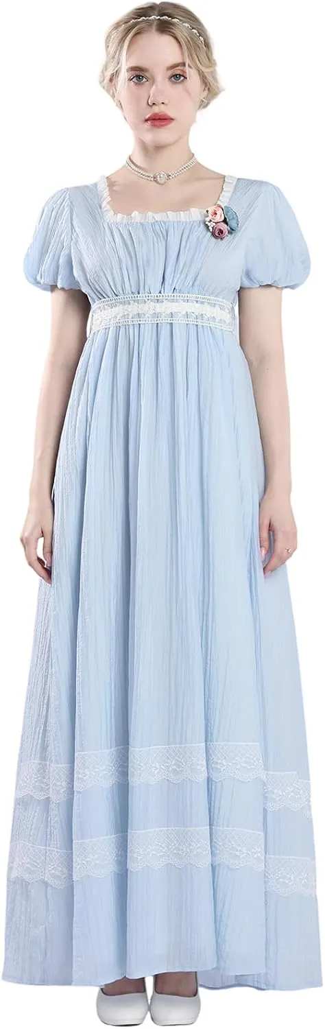 CR ROLECOS Regency Dresses for Women Puff Sleeves Empire Waist Regency Dress Victorian Tea Party Gown