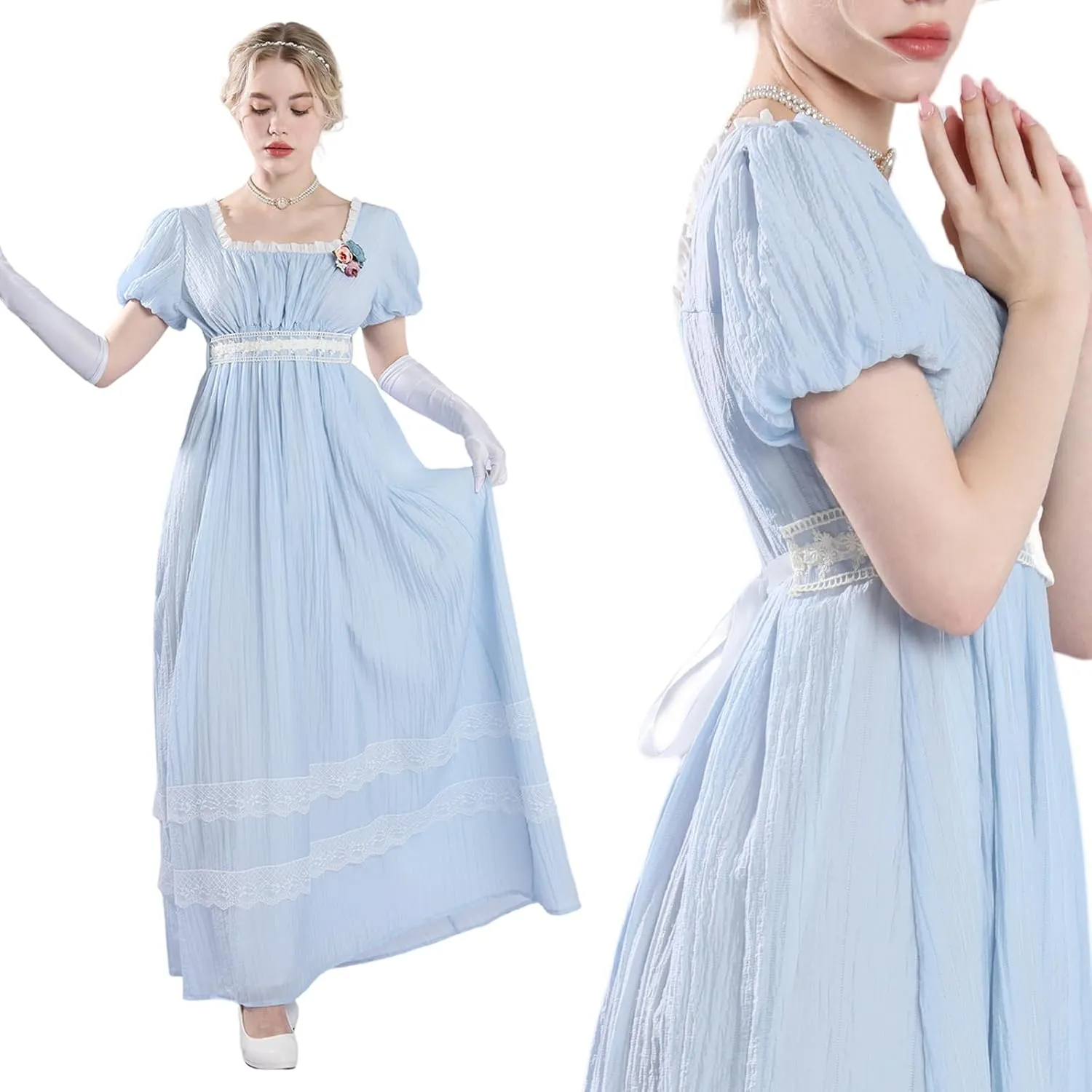 CR ROLECOS Regency Dresses for Women Puff Sleeves Empire Waist Regency Dress Victorian Tea Party Gown