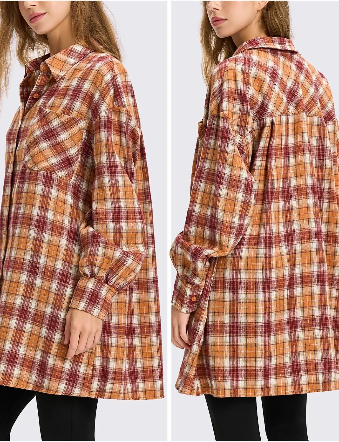 EXLURA Womens Plaid Flannel Shacket Long Sleeve Button Down Shirts Long Jackets Oversized Spring Fashion Outfits 2025 Clothes