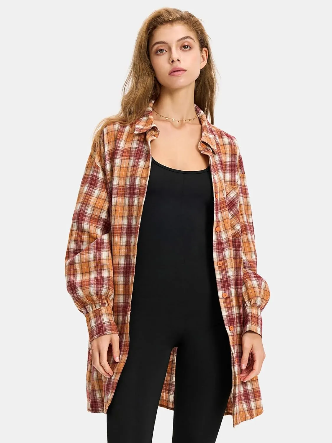 EXLURA Womens Plaid Flannel Shacket Long Sleeve Button Down Shirts Long Jackets Oversized Spring Fashion Outfits 2025 Clothes