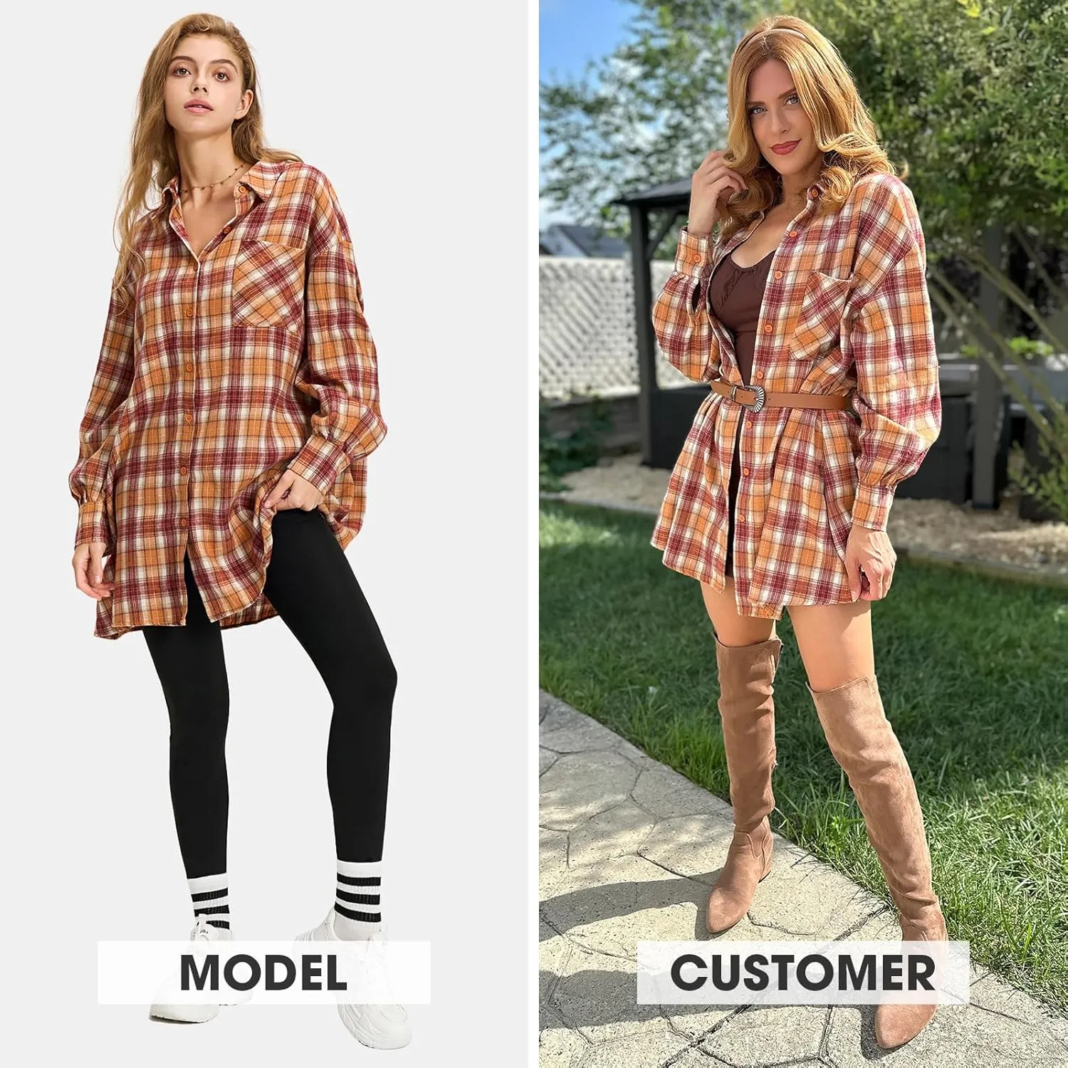 EXLURA Womens Plaid Flannel Shacket Long Sleeve Button Down Shirts Long Jackets Oversized Spring Fashion Outfits 2025 Clothes