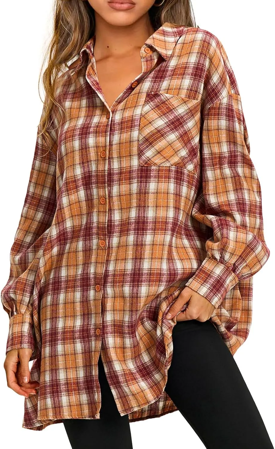 EXLURA Womens Plaid Flannel Shacket Long Sleeve Button Down Shirts Long Jackets Oversized Spring Fashion Outfits 2025 Clothes