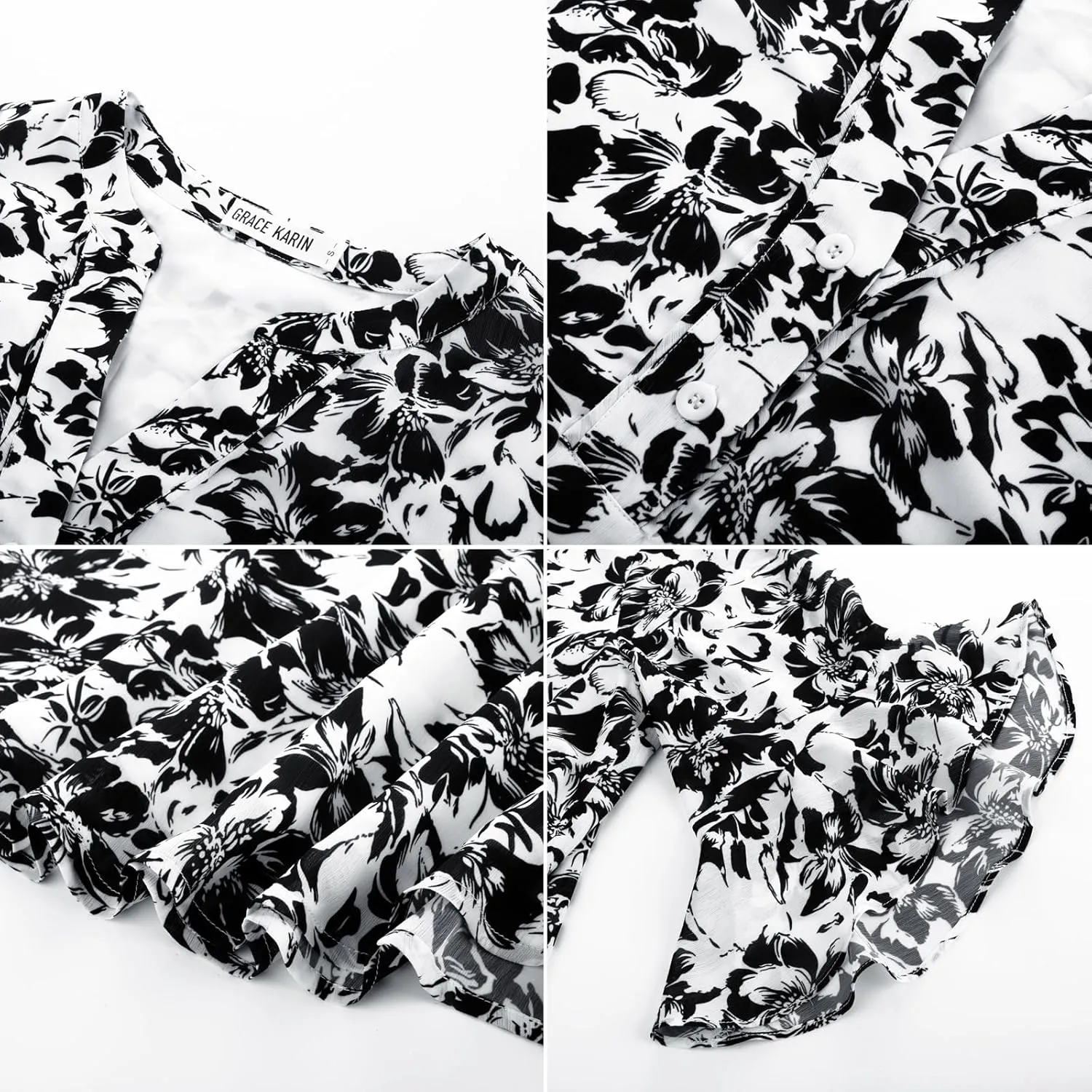 GRACE KARIN Women's Summer 3/4 Sleeve Tops Boho Floral Blouses Dressy Casual Tunic Ruffle V Neck Loose Fit Button up Shirts