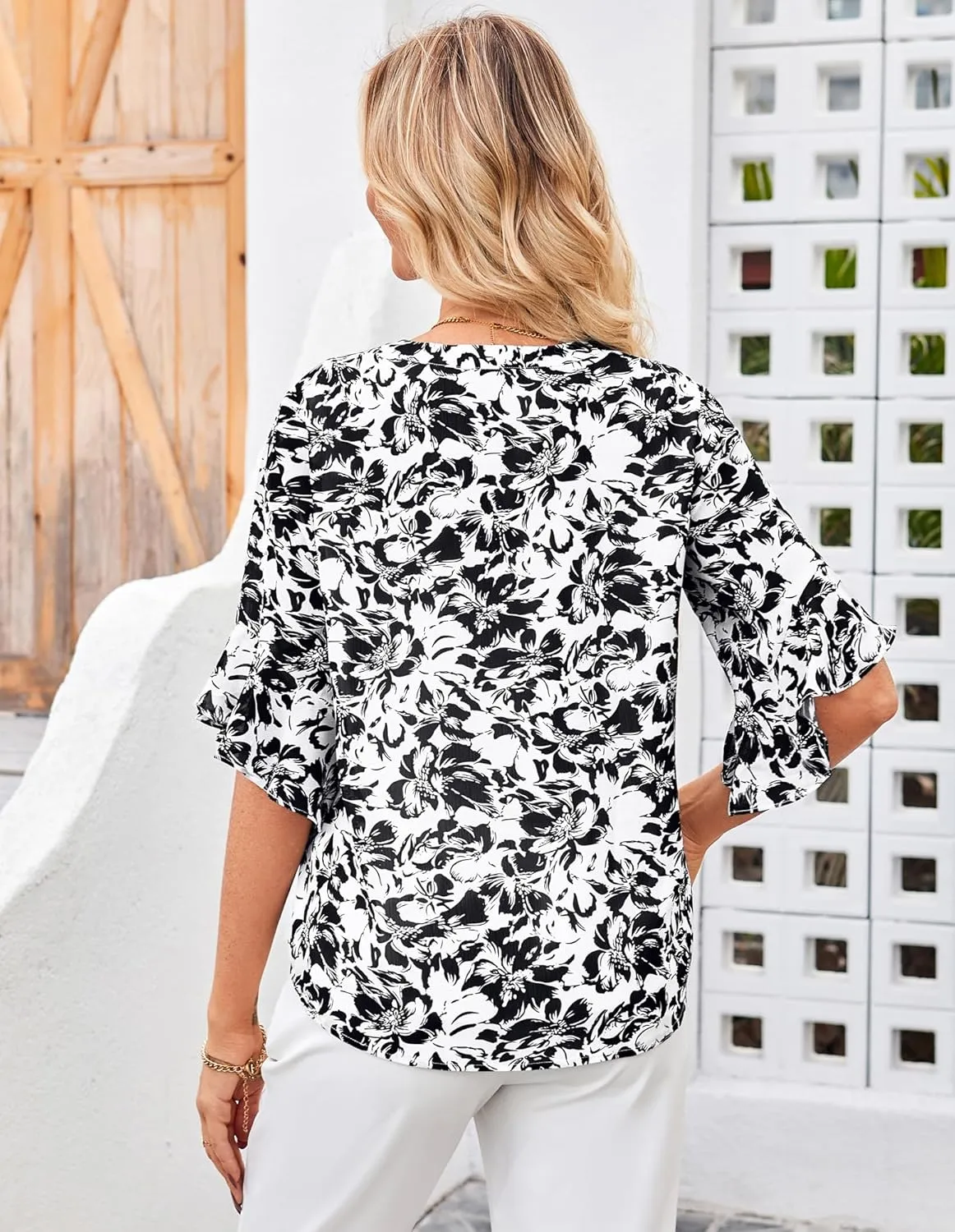 GRACE KARIN Women's Summer 3/4 Sleeve Tops Boho Floral Blouses Dressy Casual Tunic Ruffle V Neck Loose Fit Button up Shirts