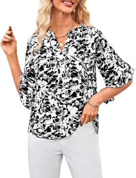 GRACE KARIN Women's Summer 3/4 Sleeve Tops Boho Floral Blouses Dressy Casual Tunic Ruffle V Neck Loose Fit Button up Shirts