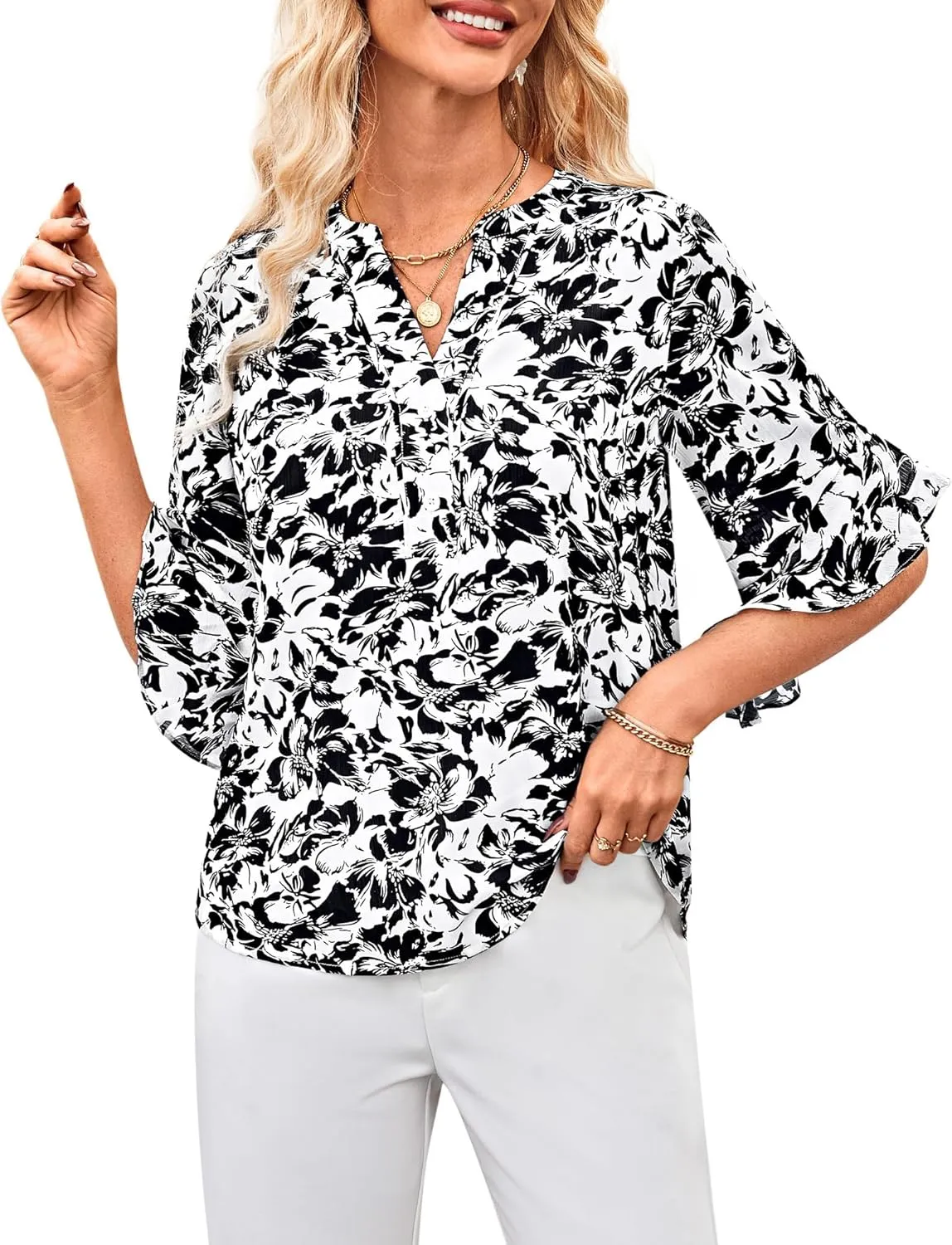 GRACE KARIN Women's Summer 3/4 Sleeve Tops Boho Floral Blouses Dressy Casual Tunic Ruffle V Neck Loose Fit Button up Shirts