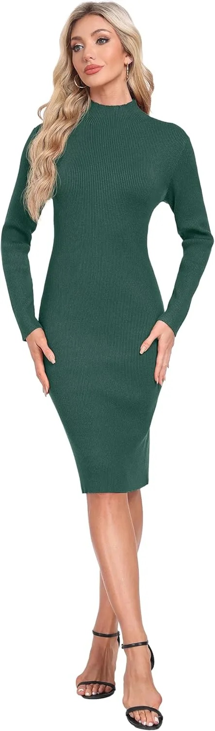 GRECERELLE Womens 2025 Fall & Winter Outfits Sweater Dress Mock Neck Long Sleeve Slim Fit Ribbed Knit Bodycon Midi Dress